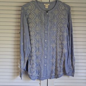 Sundance Striped Blue with Eyelet Embroidery Long Sleeve Shirt Size Large